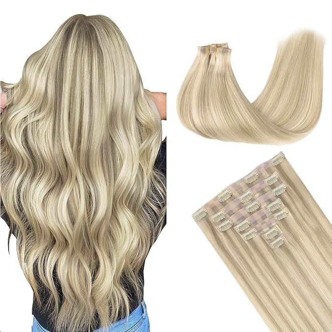 GOO GOO Clip in Hair Extensions Real Human Hair, Remy Human Hair Extensions Clip ins for Women, Natural Human Hair, 20inch 130g 7Pcs, #17A/60A Ash Blonde Highlighted Platinum Blonde