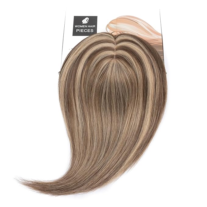 Rich Choices Hair Toppers for Women Real Human Hair 100% Human Remy Toppers NO Bangs with Thinning on Top Clip in Hairpiece 4"x4.7"Lace Base 12 Inch #4P27 Medium Brown Highlights Dark Blonde