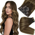 Full Shine Brown Clip in Hair Extensions Balayage Seamless Hair Extensions Clip in Dark Brown Ombre Medium Brown Mix Caramel Blonde Clip ins Remy Hair 18 Inch 120G 8 PCS
