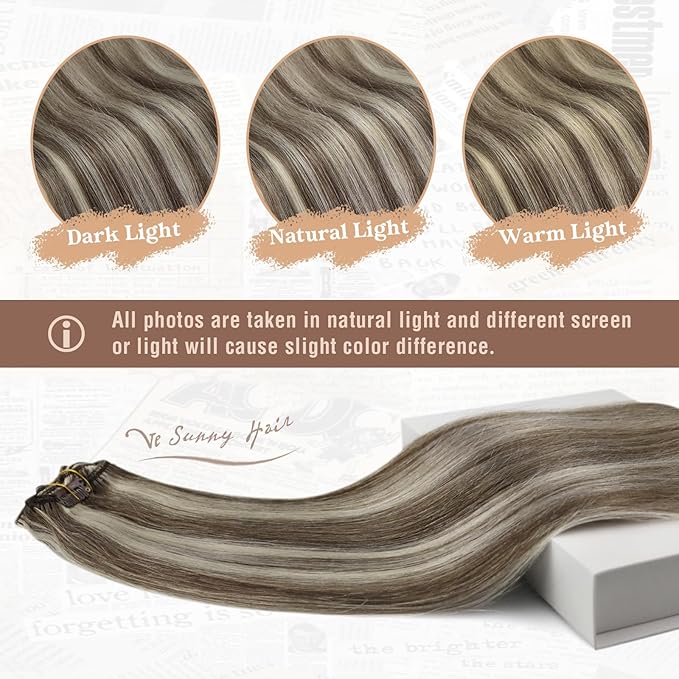 Ve Sunny Real Hair Extensions Clip in Human Hair Light Brown Highlights Platinum Blonde Hair Extensions Clip ins Thick Remy Straight Human Hair for Women 7pcs 120g 18 inch