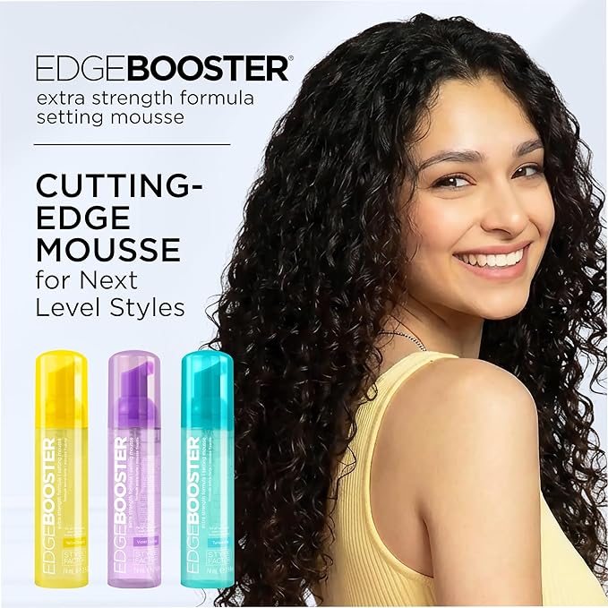 Style Factor EDGE BOOSTER Extra Strength Setting Mousse Travel Size – Frizz Control, Extra Volume, and Conditioning – 2.5oz Yellow Quartz Mousse for Curly Hair