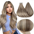 Full Shine Blonde Tape in Hair Extensions Human Hair 16Inch Soft Remy Hair Extensions Color 8 Ash Brown Highlights 60 Platinum Blonde Tape in Extensions Skin Weft Hair Extension Tape ins 50G 20Pcs