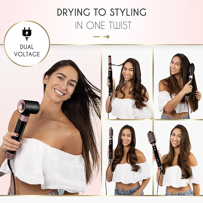 ELLA BELLA® 6 in 1 Professional Hot Air Styler Dual Voltage • Powerful Hair Dryer & Straightener Set • Styling Without Heat Damage • Fast Drying Curling Volumizing Straightening • with Travel Case