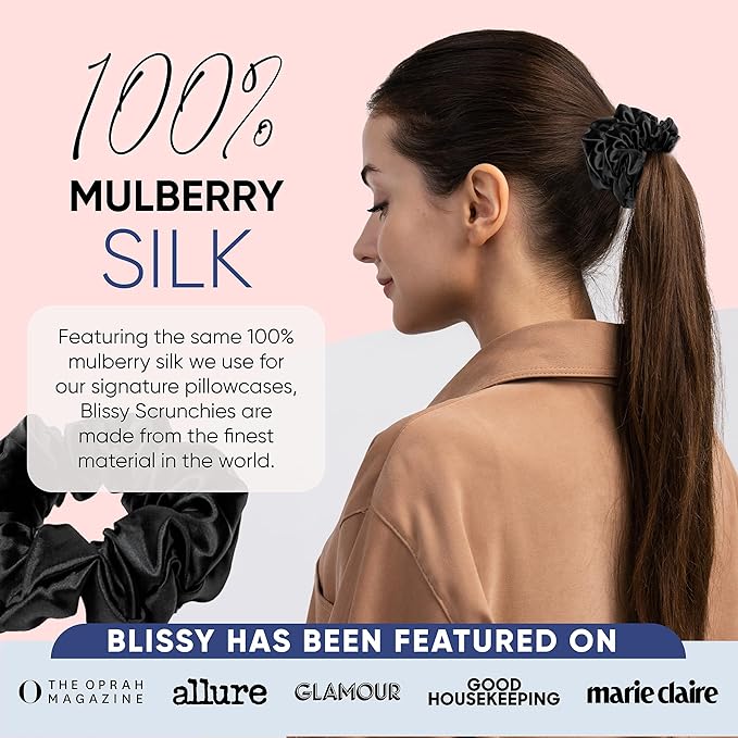 Blissy Silk Scrunchies (3 Pack) - 100% Pure Mulberry Silk - 22 Momme 6A High-Grade Fibers Scrunchie for Straight & Curly Hair - Preventing Breakage, Tangling, & Creasing (Black Skinny)