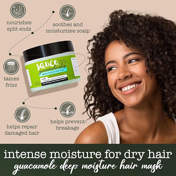 SAUCE BEAUTY Guacamole Whip Hair Mask - Deep Conditioning Hair Mask for All Hair Types w/Avocado, Honey & Argan Oil - 12 Fl Oz Hair Mask for Dry, Damaged & Frizzy Hair (Guacamole)