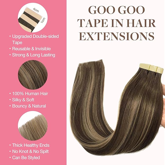 GOO GOO Tape in Hair Extensions Human Hair, 4/27/4 Balayage Chocolate Brown to Caramel Blonde, 14inch 25g 10pcs, Skin Weft Seamless Invisible, Silky Straight with Thick Ends, Remy Human Hair
