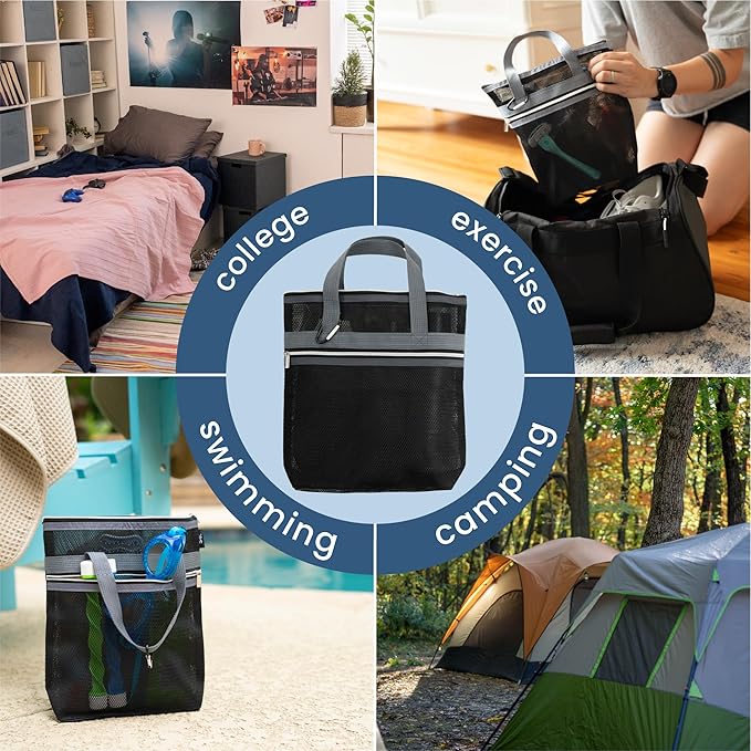 S&T INC. Mesh Shower Caddy, Shower Bag for Dorm Room Essentials, Gym Bag, Camping and More, Two Zippered Pockets, Black and Grey, 10 Inches x 10 Inches
