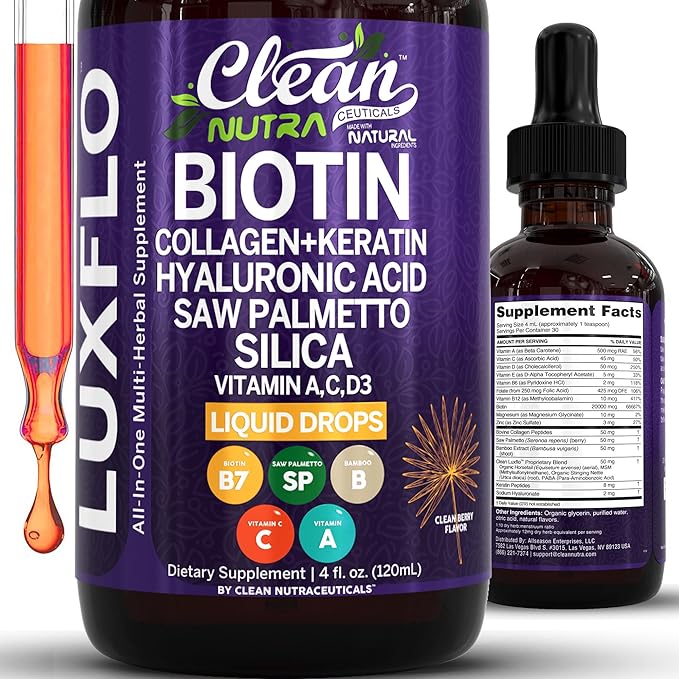 Liquid Biotin & Collagen Keratin Hyaluronic Acid Saw Palmetto Drops Vitamins for Hair Growth Support Silica Vitamin A C D Bamboo Turmeric Zinc Folate Magnesium Horsetail LuxFlo by Clean Nutra