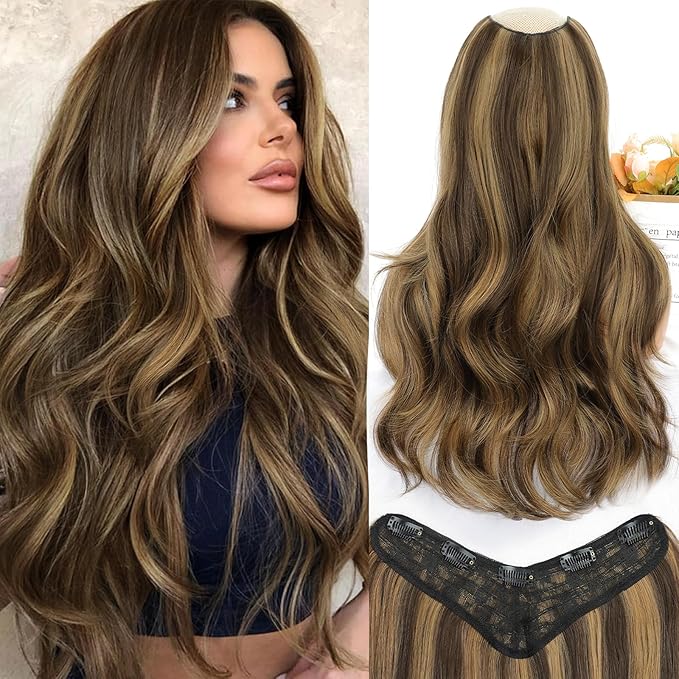 ALXNAN Long Wavy Hair Extensions for Women, Clip in Hair Extensions Clip Ins Soft Full Head Synthetic Hairpieces 20 Inch Balayage Chocolate Brown to Caramel Blonde