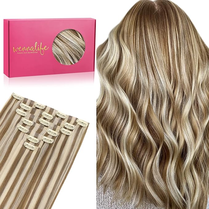 WENNALIFE Seamless Clip In Hair Extensions, 18 Inch 7pcs 130g Ash Brown with Platinum Blonde Highlights Hair Extensions Clip In Real Human Hair Extensions Invisible PU Weft Hair