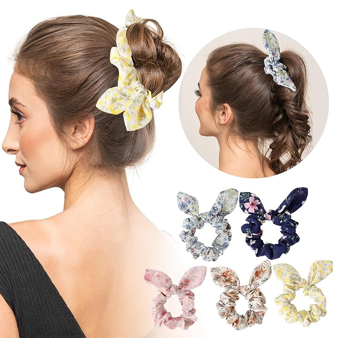 5Pcs Hair Scrunchies for Women,Bunny Ear Scrunchies Hair Ties,Cute Ponytail holder for Thick Hair,Colorful Ponytai Holder,Chiffon Hair Band,Hair Accessories for Women Girls