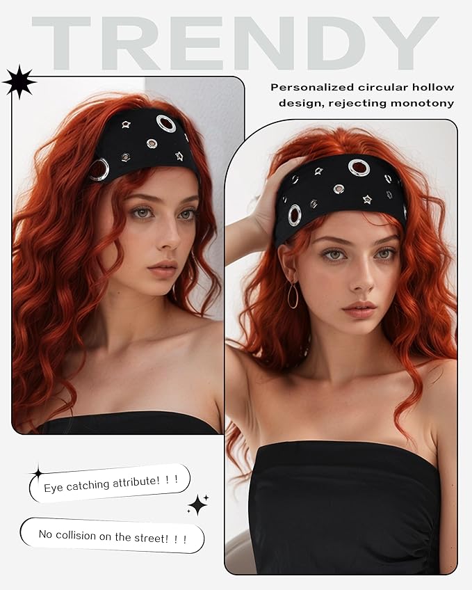 Grommet Headband for Women, Black Star 23cm Hollow Out Elastic Hair Band, Eyelets Punk Grunge Stylish Hairband
