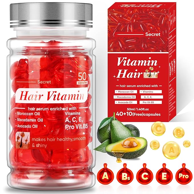 Jaxmoon Hair Treatment Serum - Bali Secret Hair Vitamin, No Rinse with Moroccan Macadamia Avocado Oils, Vitamins A C E Pro Vit B5, 50 Capsules