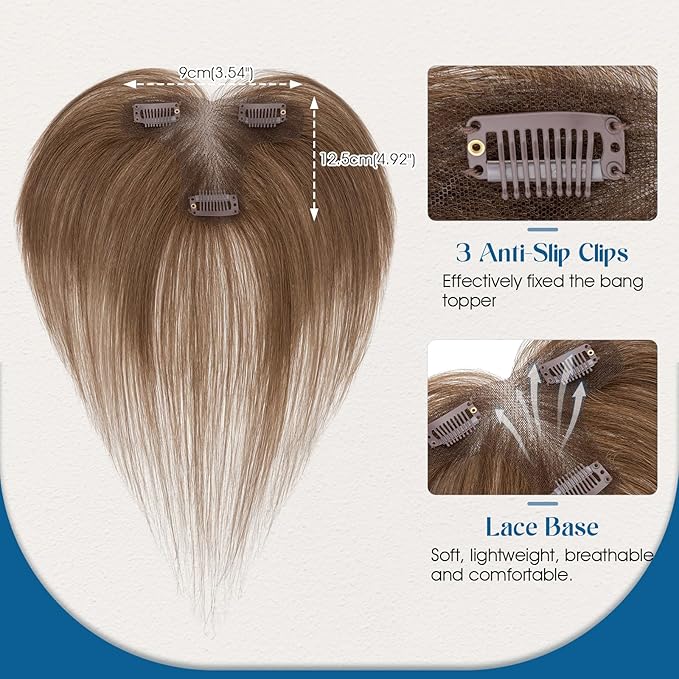 Hair Topper with Side Bangs Human Hair Curtain Bangs Topper for Women, T-part Lace Base Real Human Hair Topper Hair Piece for Daily Wear(Side Bangs,Meduim Brown)