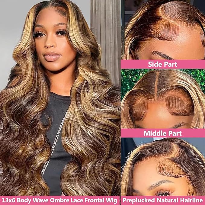 24 Inch 13x6 Lace Front Wigs Human Hair 200 Density P4/27 Highlight Ombre Body Wave HD Lace Front Wigs Human Hair Pre Plucked