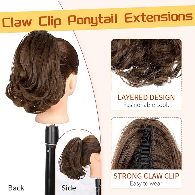 KooKaStyle Ponytail Extension, 10" Short Claw Clip in Pony Tails Hair Extensions Curly Wavy Synthetic Drawstring Hairpieces for Women(Mocha Brown)