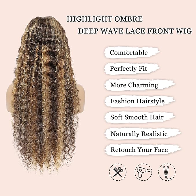 32 Inch Highlight Ombre Human Hair Wigs 13x6 HD Honey Blonde Deep Wave Lace Front Wigs Human Hair 180 Density Glueless Deep Wave 4/27 Colored Wet and Wavy Curly Wig Pre Plucked for Women