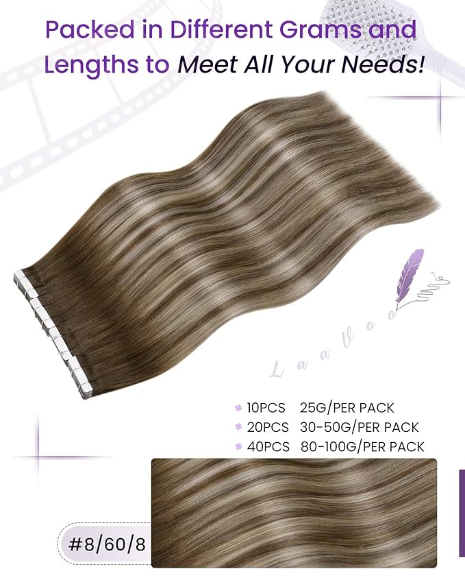 LaaVoo Tape in Hair Extensions Human Hair Balayage Light Brown Fading to Platinum Blonde with Brown Tape in Extensions Seamless Tape on Hair Extensions Soft Hair 22inch 20pcs 50g