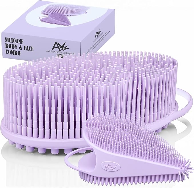 Body Face Scrubber Set Silicone - 2 Pack Shower Brush Facial Cleansing Kit - Avilana Bath Loofah Alternative Complete Skincare System Dual Sided - Gift Set Women Men