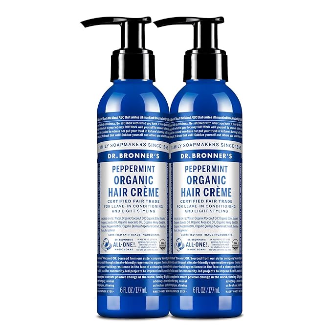 Dr. Bronner's - Organic Hair Crème (Peppermint, 6 Ounce, 2-Pack) - Leave-In Conditioner and Styling Cream, Made with Organic Oils, Hair Cream Supports Shine and Strength, Nourishes Scalp, Non-GMO