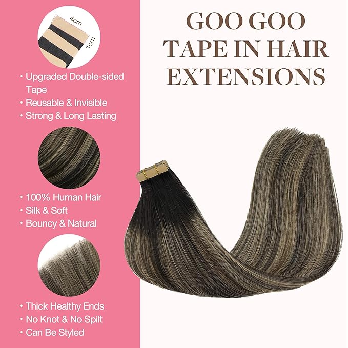 GOO GOO Tape in Hair Extensions Human Hair, 1B/19/1B Natural Black to Light Blonde, 10inch 60g 40pcs, Skin Weft Seamless Invisible, Silky Straight with Thick Ends, Remy Human Hair