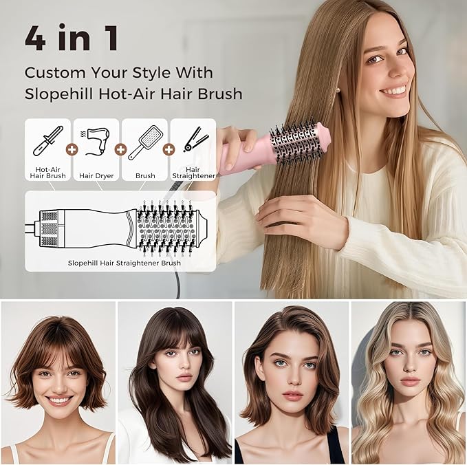 slopehill Mini Travel Dual Voltage Hair Dryer Brush,1000 Watts Hot Air Brush with European Plug, Ionic Hair Dryer and Styler for Women, Oval Barrel 2 Heat & 2 Speed for International Travel Pink