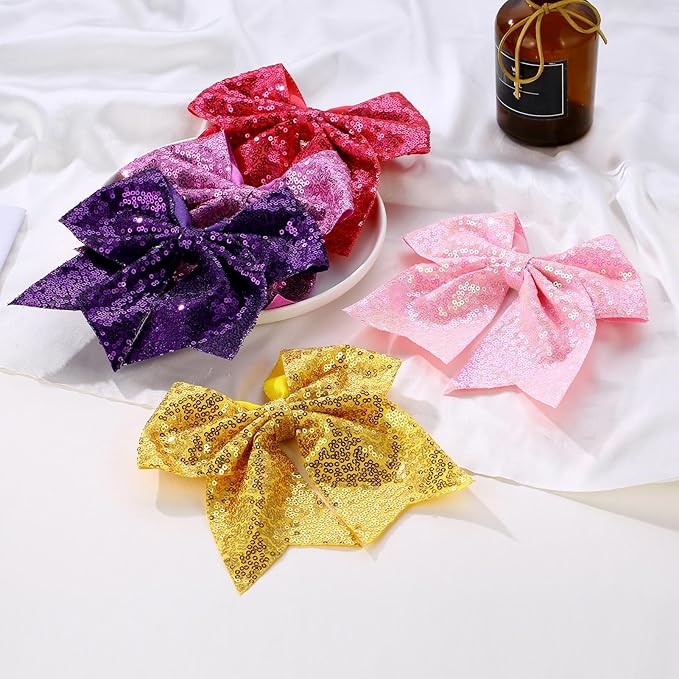 Large Big 7 Inch Glitter Bow Clip Sequin Bling Party Hair Accessories for Women Teens Girls Kids 2 Pcs (Pink, Light Purple)