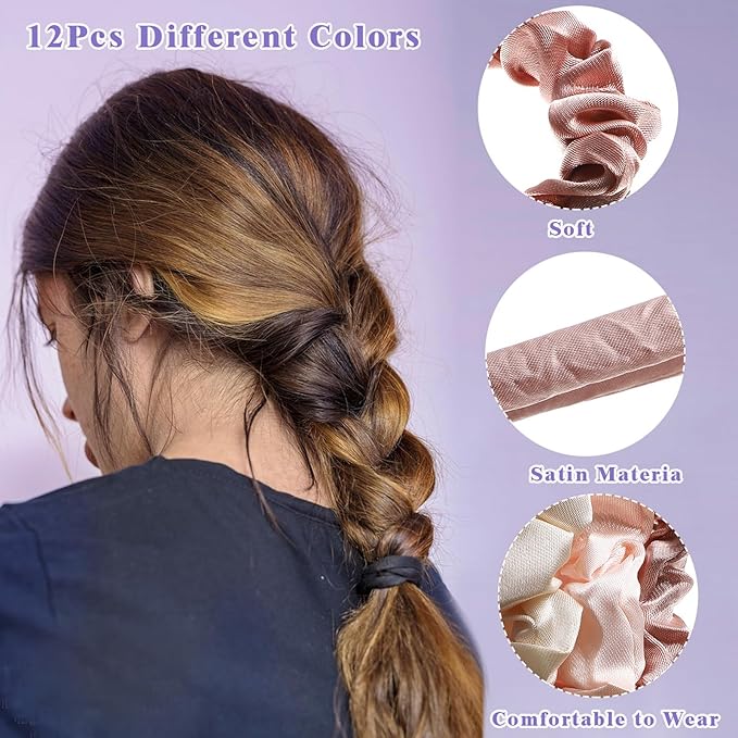12Pcs Satin Elastic Hair Accessories - Comfortable Silk Scrunchies, Skinny Ties for Wedding, Teen Girl Trendy Gifts