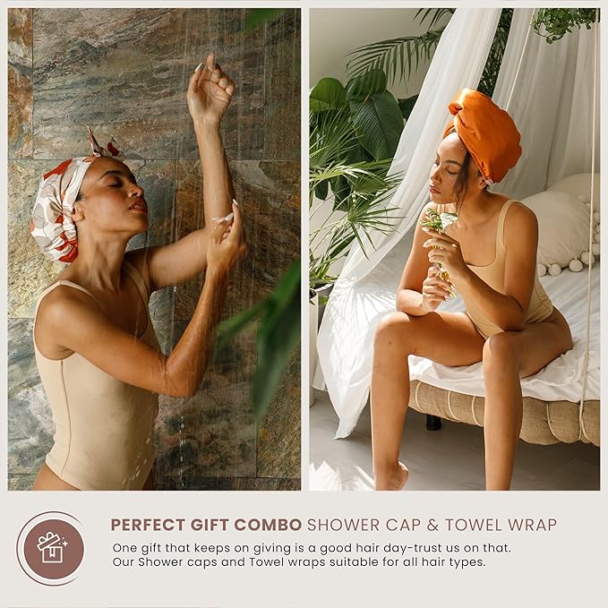 Shower Cap for Women, Luxury, Fashionable, Reusable, Waterproof Turban Shower Cap for Long Hair SMPL OBJECTS (Shapes of beige)