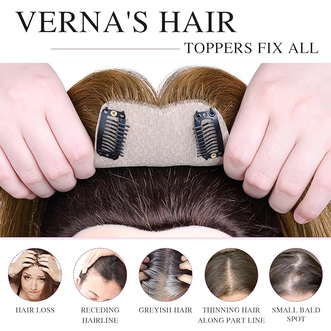 VERNA Real Human Hair Topper, 10 Inch 100％ Human Hair Toppers for Women with Thinning Hair, Large area Coverage Light Brown Hairpiece Wiglet for Daily Wear(8 * 11)