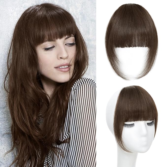 Clip In Bangs for Women, Medium Brown French Bangs Hair Clip with Temples, 100% Real Human Hair Layered Curved Fringe for Halloween and Daily Use(Medium Brown, French Bangs)