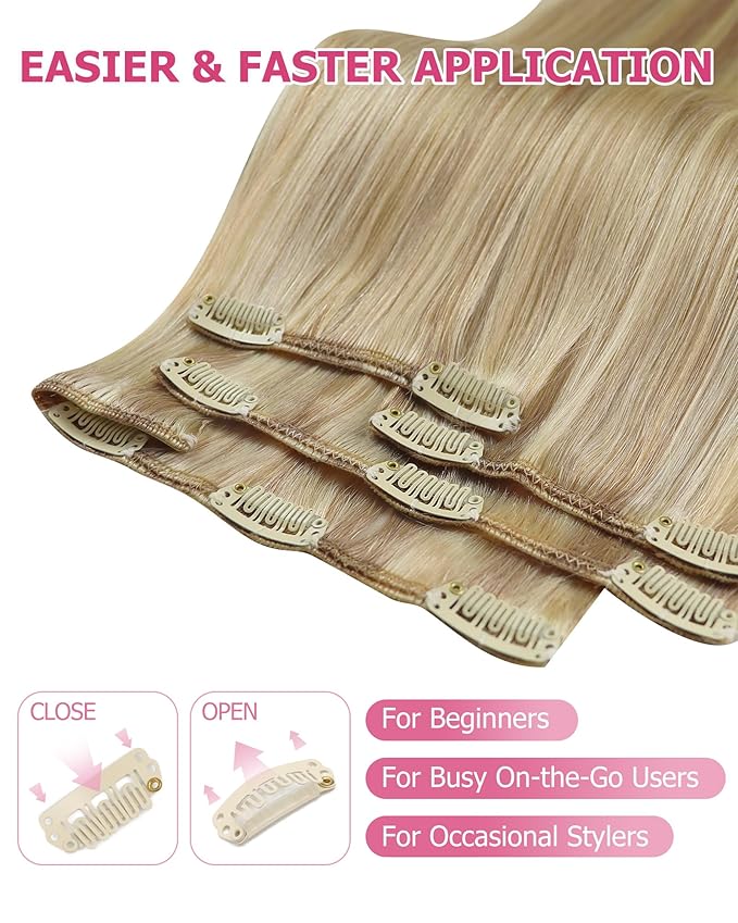 YoungSee Blonde Clip in Hair Extensions Highlights Human Hair Clip in Extensions Light Blonde Highlights Golden Blond Hair Extension Clip ins Easy to Install 7Pcs 120G 14inch