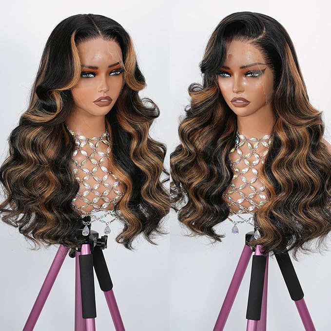 1B/30 Highlight Ombre Body Wave 13x4 Full Frontal Lace Wig SKINLIKE Swiss HD Lace Wig 0.10mm Ultra-thin Invisible Pre plucked Bleached Tiny Knots Balayage Brown Colored Wigs for Women 200% Density