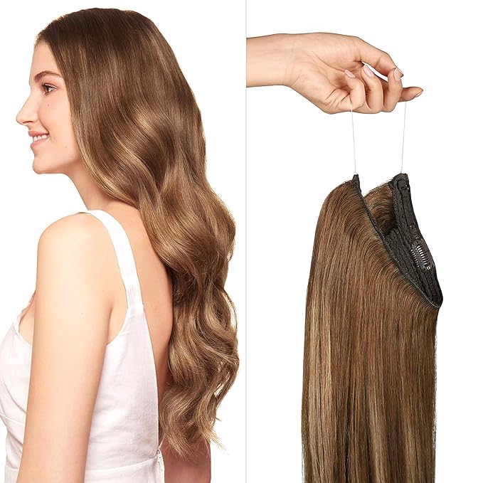 Luxy 100% Remy Human Hair – Halo Clip-In Hair Extensions –Natural Looking Volume & Length - One-Piece - Easy 5-Min Application 140 grams 16" Chestnut Brown Balayage