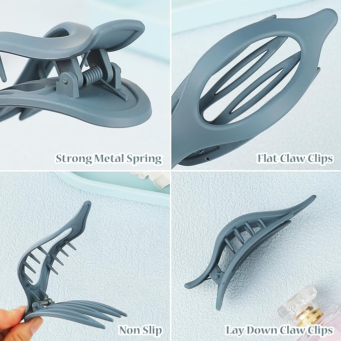 Flat Hair Clip 6 pcs Lay Down Claw Clips Hair Accessories for Women -Brown Blue