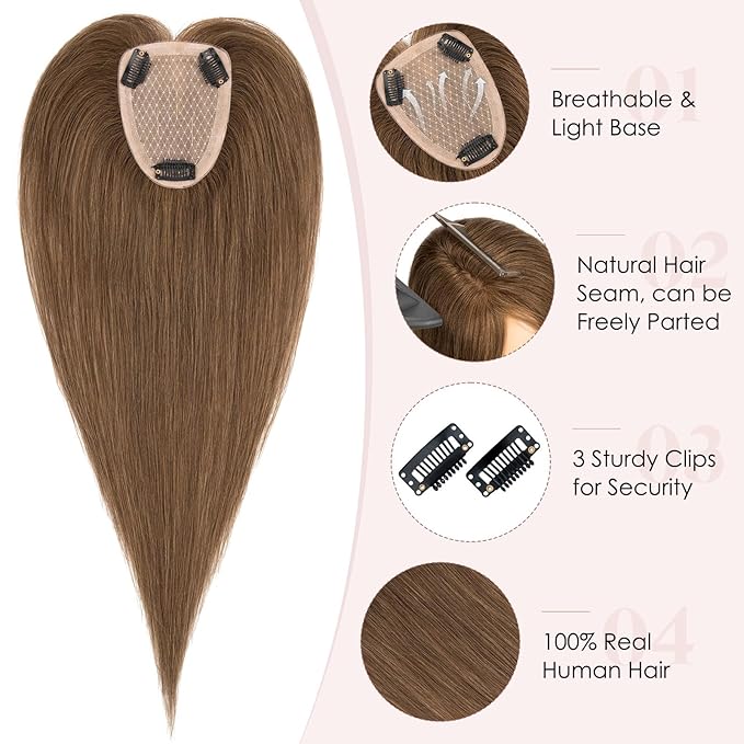 Hairro Human Hair Toppers Free Parted, 3.5x4.7" Base Hand-wovened 100% Real Hairpieces, with Invisible Clips-in for Women, for High Hairline/Adding Volume on Top, 14 Inch Mocha Brown