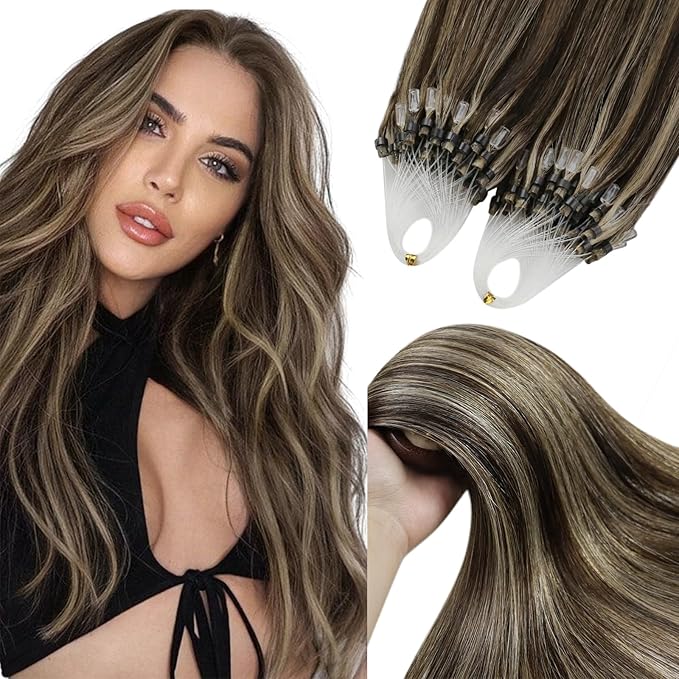 YoungSee Micro Link Hair Extensions Human Hair Brown Microbead Hair Extensions Human Hair Brown Highlight Blonde Beaded Hair Extensios 16In Micro Loop Hair Extension 50g 50s Remy Hair for Wedding