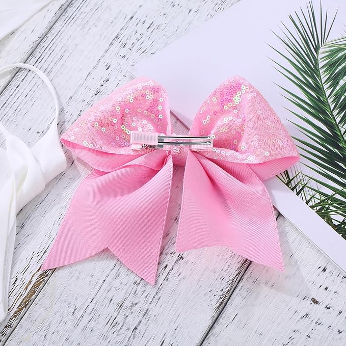 Large Glitter Cheer Bows Clips, Jumbo Big 7 Inch Cheerleading Sequin Hair Bow Hair Accessories for Teens Girls Football Sports Cheerleader Outfit Uniform (Pink)