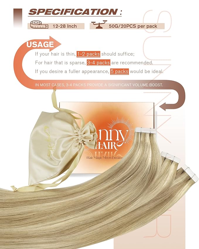 Sunny Hair Tape in Hair Extensions Real Human Hair Invisible Remy Hair Extensions Tape ins for Women Golden Blonde Highlight Medium Blonde 20 inch 20Pcs 50G