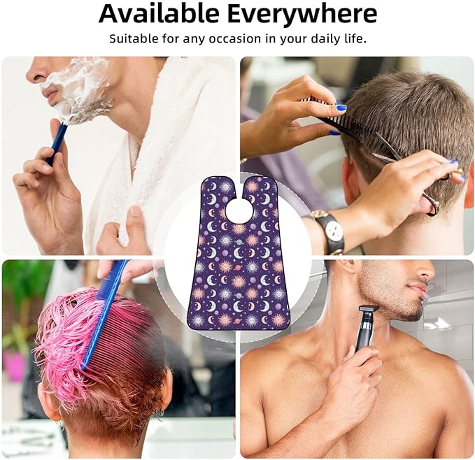 Beard Bib with 3 Suction Cups, Non-Stick Waterproof Hair Catcher Apron, Men's Shaving Essential for Grooming, Purple Galaxy Night Star Sky Trippy Sun and Moon Shave Bib