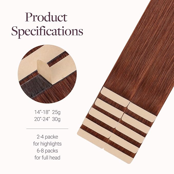 GOO GOO Tape in Hair Extensions Human Hair, #33B Dark Auburn Copper, 20inch 30g 10pcs, Skin Weft Seamless Invisible, Silky Straight with Thick Ends, Remy Human Hair