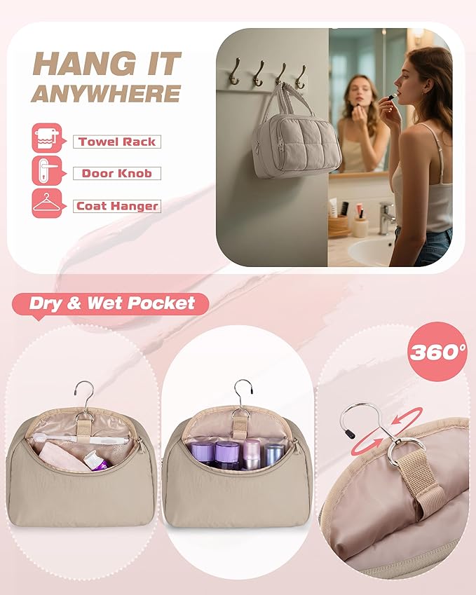 Travel Toiletry Bag for Women with Hanging Hook, Water Resistant Puffy Makeup Organizer with Leak Proof Pockets for Toiletries and Cosmetics - Khaki (Bag Only)