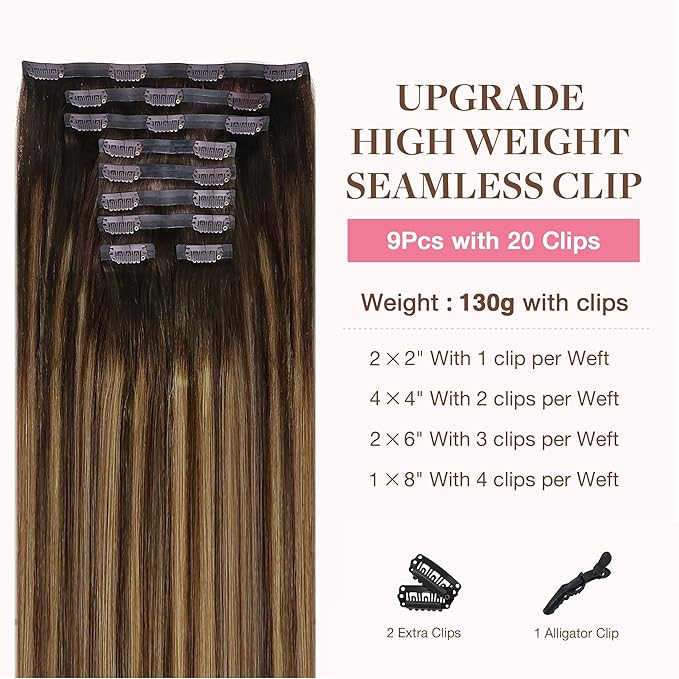 GOO GOO Clip in Hair Extensions Real Human Hair, Remy Human Hair Extensions Clip ins for Women, Natural Human Hair, 24inch 220g 9Pcs, #4/27/4 Balayage Chocolate Brown to Caramel Blonde