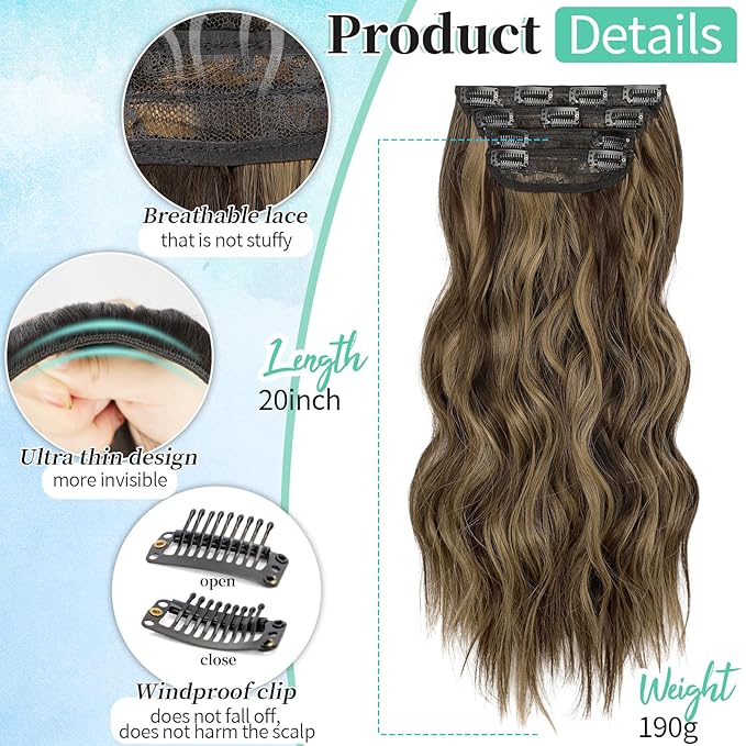 KooKaStyle Clip in Synthetic Highlight Hair Extensions Long Wavy 4PCS Thick Hairpieces Balayage Chocolate Brown to Caramel Blonde Fiber Double Weft Natural Hair Extensions 20 Inch for Women