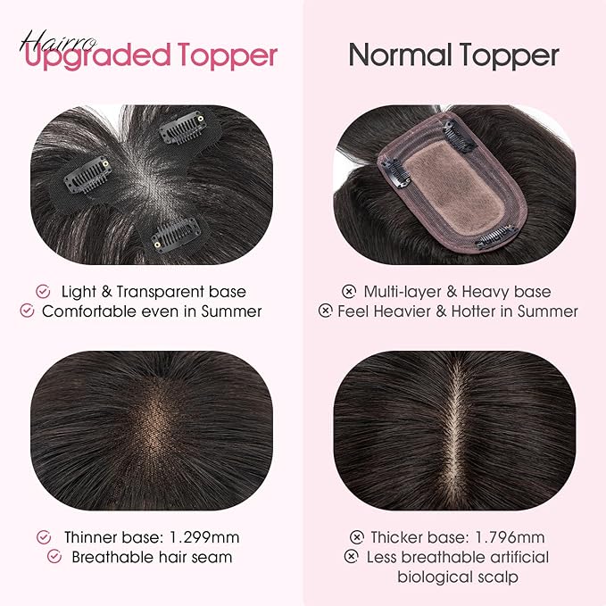 Hairro Human Hair Toppers with Wispy Bangs, 3D 360° Seamless Real Hair Toppers, Hand-Tied with 3.5"x4.7" T-shaped Base, Clip-In Hairpieces to Add Volume on Top, 11 Inch Natural Black
