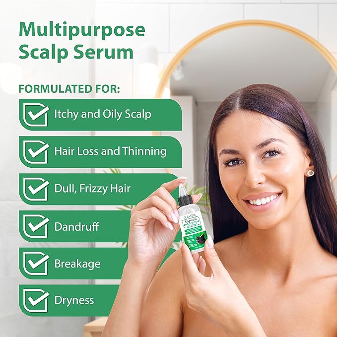 Scalp Serum with Charcoal + Tea Tree - Non GMO Scalp Moisturizer for Dry Itchy Scalp Relief - Fragrance Free Serum with Tea Tree Oil for Scalp Treatment - Rejuvenating Hair Serum with Vitamin