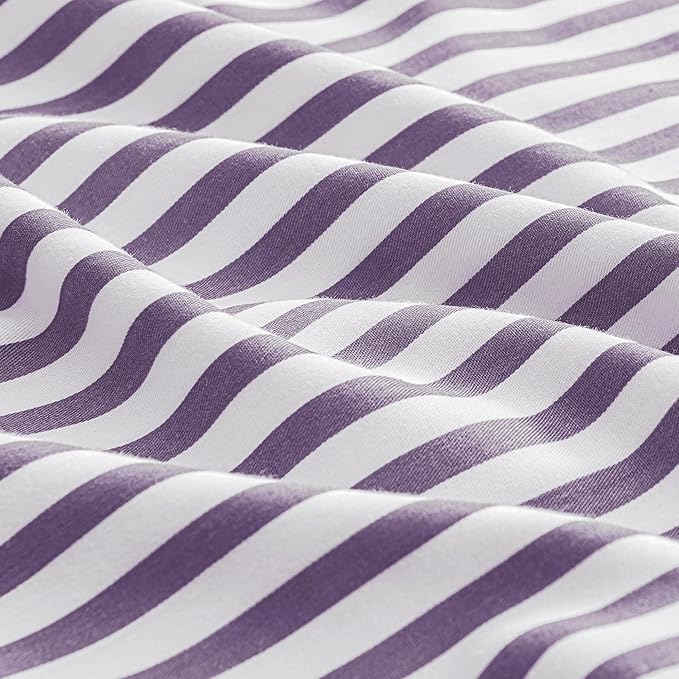 JELLYMONI 100% Natural Cotton Striped King Pillowcases Set, 2 Pack White and Purple Stripes Pattern Printed Pillow Covers with Envelope Closure(Pillows are not Included)