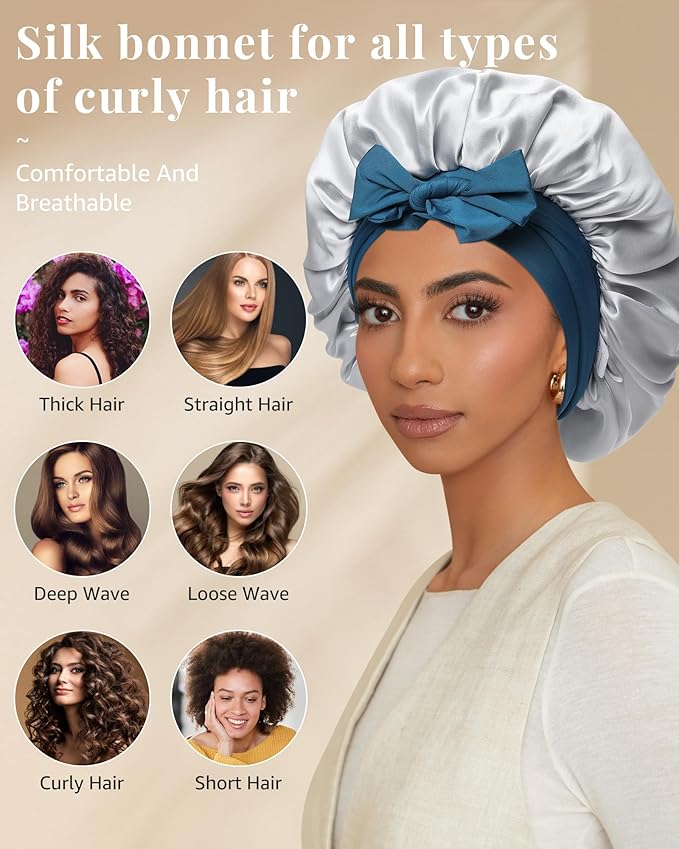 AWAYTR Silk Bonnet for Sleeping Women 100% Mulberry Silk Bonnet with Band 2 Layer Reversible Hair Bonnet Sleeping Hair Wrap (Peacock Blue/Gray)