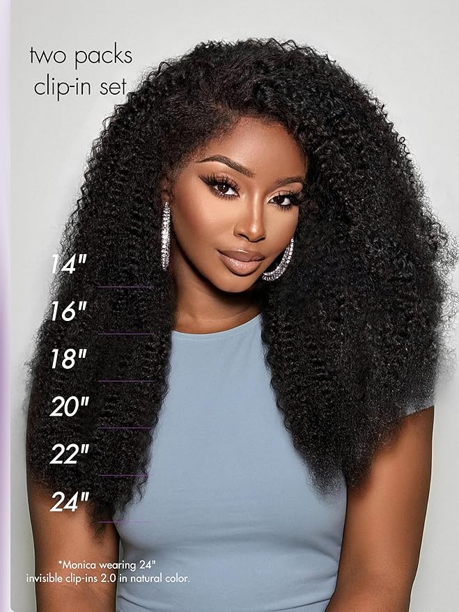 LUVME Invisible Clip ins Hair Extensions Deep Kinky Curly Real Human Hair Remy Hair Clip ins for Women, Natural Human Hair 14 inch 2 Pack 220g 12Pcs, Natural Black