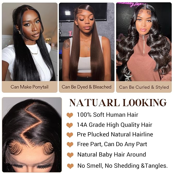30 Inch 13x6 Lace Front Wigs Human Hair Pre Plucked Real Virgin Human Hair Wig Invisilbe Hairline Tiny Knots 230 Density Straight HD Lace Frontal Wigs 3X Longer Lifespan